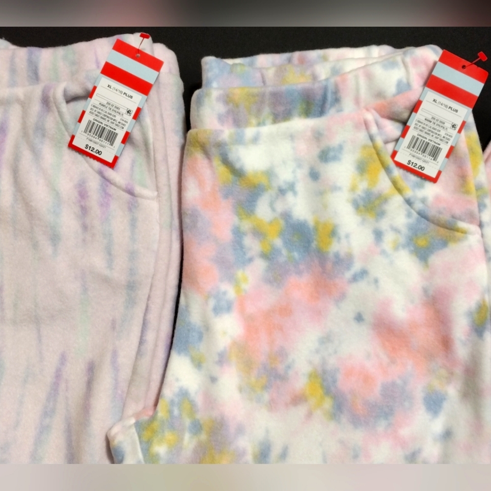 Girls XL Plus Fleece Pants Joggers PJ Bottoms Tye-Dye  2 Pair Lot 14 16 Soft New - Picture 2 of 12
